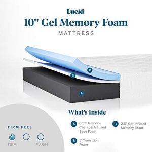 Lucid 10 Inch Memory Foam- Queen Size Mattress – Firm – Gel Infusion – Hypoallergenic Bamboo Charcoal- Mattress in a Box