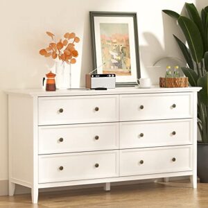 ikeno 6 drawer double dresser, 55 inch solid wood bedroom dresser in white