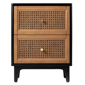 cozayh fully-assembled 2-drawer woven cane front accent nightstand with brass knobs for living room, bedroom, black