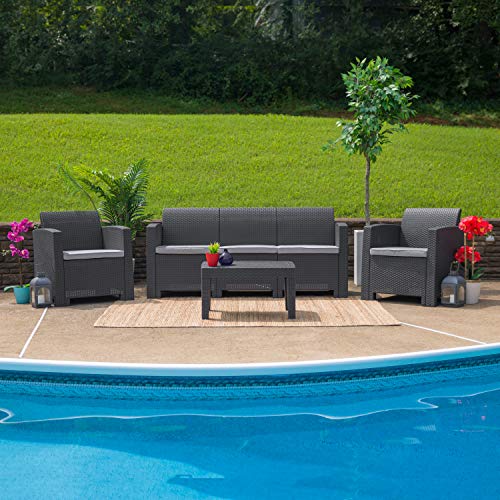 Flash Furniture 4 Piece Outdoor Faux Rattan Chair, Sofa and Table Set in Dark Gray, 30 x 67.5 x 27