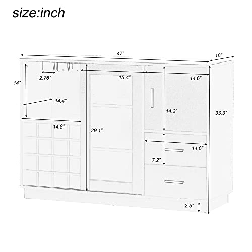P PURLOVE 47 Inch Sideboard Buffet Server Storage Cabinet with Glass Sliding Door and Integrated 16 Bar Wine Compartment, Wineglass Holders for Kitchen Dining Room Furniture