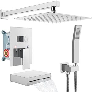 gotonovo polish chrome rain mixer shower faucet set with waterfall tub spout 10 inch square rainfall shower head with handheld spray wall mounted rough-in valve and trim included