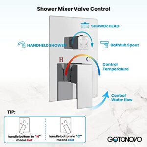 gotonovo Polish Chrome Rain Mixer Shower Faucet Set with Waterfall Tub Spout 10 inch Square Rainfall Shower Head with Handheld Spray Wall Mounted Rough-in Valve and Trim Included