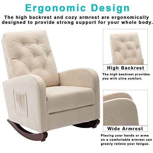 Rocking Accent Chair, Tufted Upholstered Luxury Velvet Lounge Chair, Glider Rocker Armchair with Side Pocket for Nursery, Living Room, Bedroom, Solid Wood Frame for 300 lbs Support (Sandy Beige)