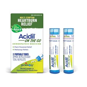 boiron acidil on the go for relief of acid reflux, heartburn, indigestion, bloating, and upset stomach – 2 count (160 pellets)