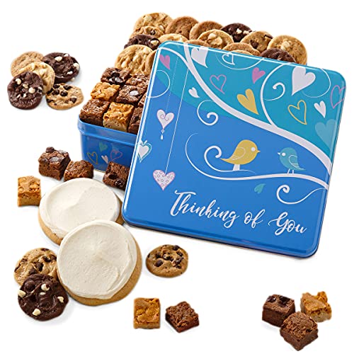 Mrs. Fields - Thinking of You Combo Gift Tin, Assorted with 24 Nibblers Bite-Sized Cookies, 3 Brownie Bars and 2 Frosted Round Cookies (29 count)