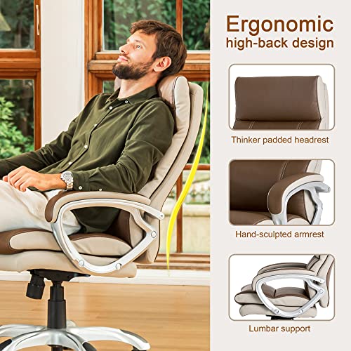 glitzhome Executive Office Chair Back, High Back Office Chair,Computer PU Leather Chair Swivel Rolling Adjustable Managerial Home Desk Chair with Padded Armrests and Lumbar Support Coffee