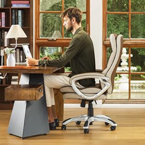 glitzhome Executive Office Chair Back, High Back Office Chair,Computer PU Leather Chair Swivel Rolling Adjustable Managerial Home Desk Chair with Padded Armrests and Lumbar Support Coffee
