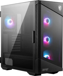 msi mpg velox 100r – mid-tower gaming pc case – tempered glass side panel – 4 x 120mm argb fans – liquid cooling support up to 360mm radiator – mesh panel for optimized airflow