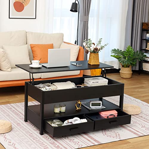 usikey Lift Top Coffee Table, Coffee Tables with 2 Storage Drawer and Hidden Compartment Open Shelf, Retro Wood Central Coffee Table with Lift Tabletop for Living Room, Black
