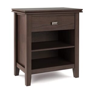 simplihome artisan 24 inches wide night stand, bedside table, warm walnut brown solid wood, rectangle, with storage, 1 drawer and 2 shelves, for the bedroom, contemporary modern