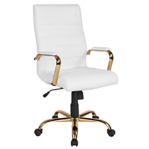 Flash Furniture Whitney High Back Desk Chair - White LeatherSoft Executive Swivel Office Chair with Gold Frame - Swivel Arm Chair