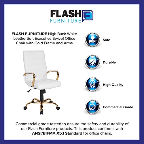 Flash Furniture Whitney High Back Desk Chair - White LeatherSoft Executive Swivel Office Chair with Gold Frame - Swivel Arm Chair