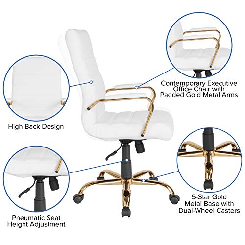 Flash Furniture Whitney High Back Desk Chair - White LeatherSoft Executive Swivel Office Chair with Gold Frame - Swivel Arm Chair