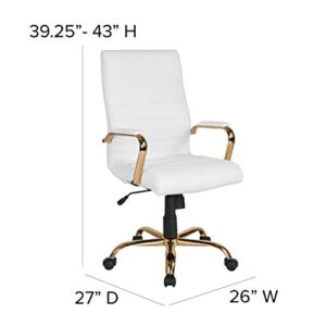 Flash Furniture Whitney High Back Desk Chair - White LeatherSoft Executive Swivel Office Chair with Gold Frame - Swivel Arm Chair