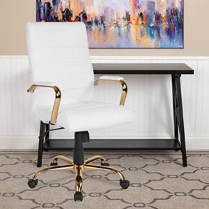 Flash Furniture Whitney High Back Desk Chair - White LeatherSoft Executive Swivel Office Chair with Gold Frame - Swivel Arm Chair