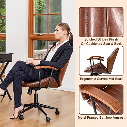 glitzhome Adjustable Mid-Back Home Office Chair, Thick PU Leather Padding for Comfort Ergonomic Design and Lumbar Support, Executive Swivel Desk/Task Chair with Arm,Russet