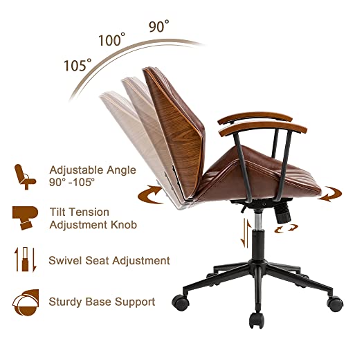 glitzhome Adjustable Mid-Back Home Office Chair, Thick PU Leather Padding for Comfort Ergonomic Design and Lumbar Support, Executive Swivel Desk/Task Chair with Arm,Russet