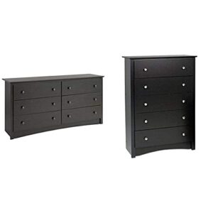 prepac sonoma 6-drawer double dresser for bedroom, 16″ d x 59″ w x 29″ h, washed black & sonoma 5-drawer chest for bedroom, 16″ d x 31.5″ w x 45.25″ h, black