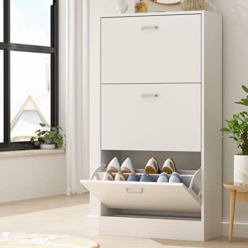 DiDuGo Tiny Shoe Cabinet with 3 Flip Drawers, Shoe Storage Cabinet for Entryway White (22.4”W x 9.4”D x 42.3”H)