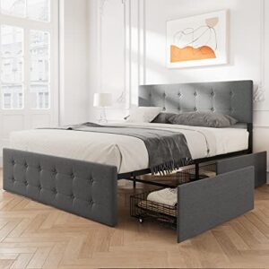 alkmaar upholstered queen size platform bed frame with 4 storage drawers,grey queen size platform bed frame with headboard and wooden slats support,no box spring needed (queen)