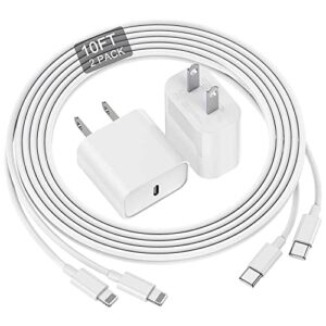 iphone 14 13 12 11 fast charger, [mfi certified] 10 ft long usb c to lightning cable with 20w usb c apple rapid charging block, adapter for iphone 13 12 11 pro/mini/pro max/x/8/ipad, 2 pack