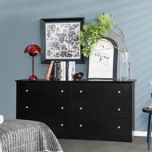 Giantex 6-Drawer Dresser for Bedroom - Freestanding Storage Cabinet, Chester Drawers with Anti-Toppling Device, Floor Cabinet for Living Room, Entryway 60 Inch Double Dressers, Black