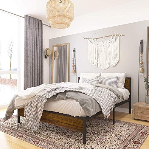 Weehom Queen Size Bed Frame with Wood Headboard Solid Wood Beds for Adults Strong Metal Slats Support Beds No Box Spring Needed Lock Design Brown