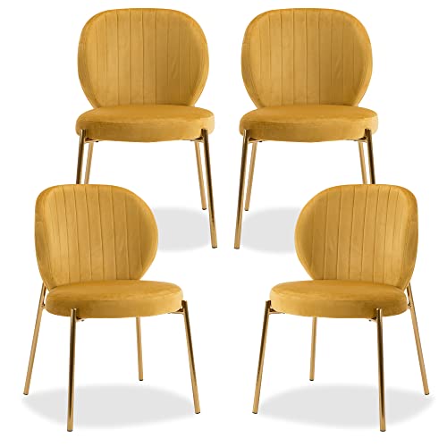 DAGONHIL Velvet Dining Chair,Upholstered Vanity Chairs with Golden Metal Leg,Set of 4(Yellow)