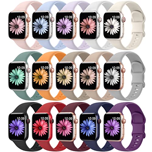 15 Pack Soft Silicone Bands Compatible with Apple Watch Band 40mm 41mm 38mm 45mm 44mm 42mm for Women Men,Waterproof Sport iWatch bands Replacement Strap Wristbands for iWatch SE Series 8 7 6 5 4 3 2 1