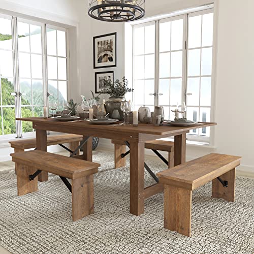 Flash Furniture HERCULES Series 7' x 40'' Antique Rustic Folding Farm Table and Four Bench Set