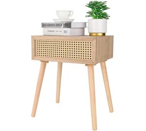 rattan nightstand with drawer, bedside table, end table with storage, modern boho nightstands, mid-century coffee table, small side tables for living room bedroom office balcony (natural walnut)