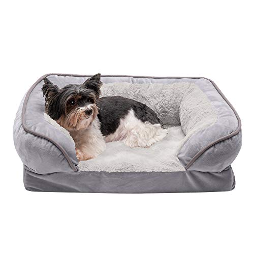 Furhaven Small Cooling Gel Foam Dog Bed Perfect Comfort Plush & Velvet Waves Sofa-Style w/ Removable Washable Cover - Granite Gray, Small