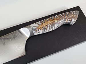 custom vg10 damascus chef knife hybrid santoku 9″ white silver cast pine cone handle, kitchen knife w/ 67 layer ss damascus (white silver)