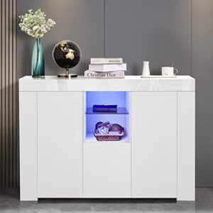 recaceik led kitchen sideboard buffet storage cabinet high gloss sideboards and buffets with storage 16 colors led lights w/2 open shelves & 2 doors for kitchen dining room living room, white