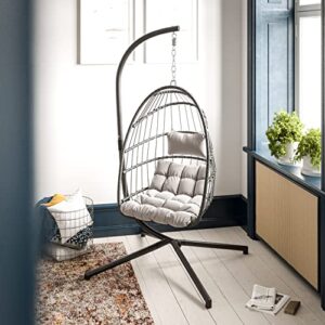 flash furniture sda-ad608001-gy-gg cleo patio hanging egg chair, wicker hammock with soft seat cushions & swing stand, indoor/outdoor cushions, gray