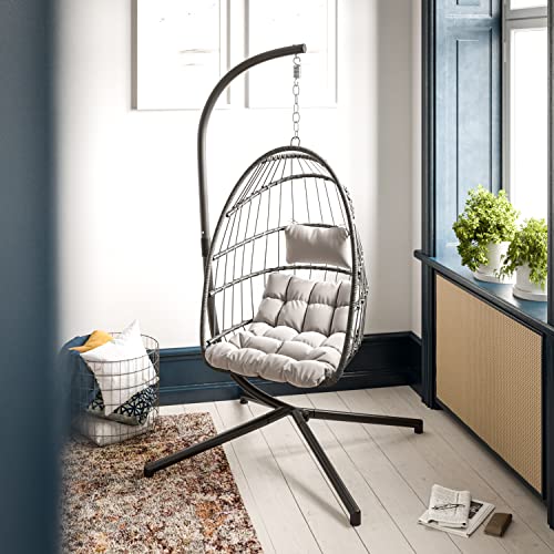 Flash Furniture SDA-AD608001-GY-GG Cleo Patio Hanging Egg Chair, Wicker Hammock with Soft Seat Cushions & Swing Stand, Indoor/Outdoor Cushions, Gray