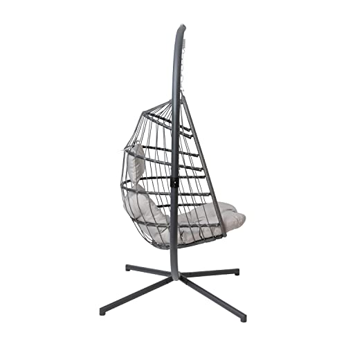 Flash Furniture SDA-AD608001-GY-GG Cleo Patio Hanging Egg Chair, Wicker Hammock with Soft Seat Cushions & Swing Stand, Indoor/Outdoor Cushions, Gray