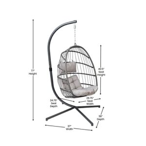 Flash Furniture SDA-AD608001-GY-GG Cleo Patio Hanging Egg Chair, Wicker Hammock with Soft Seat Cushions & Swing Stand, Indoor/Outdoor Cushions, Gray