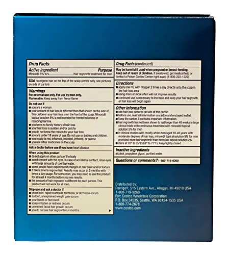 Kirkland Signature Minoxidil Hair Regrowth Solution for Men - 3 Month Supply,Package Includes Child-Resistant Dropper Applicator, Blue