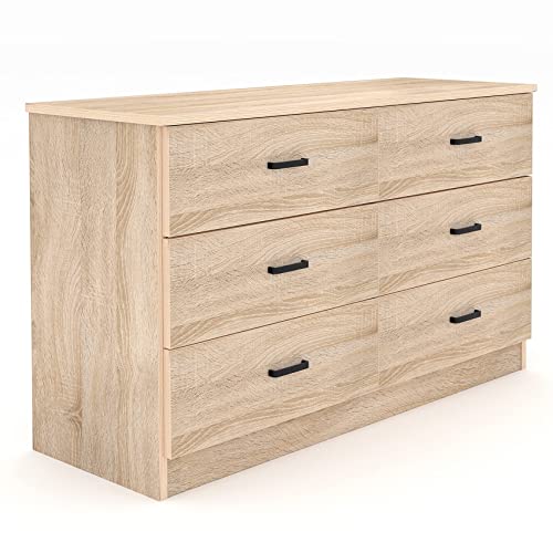 Bigbiglife Wood Dresser for Bedroom, 6 Drawer Double Dresser with Metal Handles, Sturdy and Modern Chest of Drawers (Light Oak)