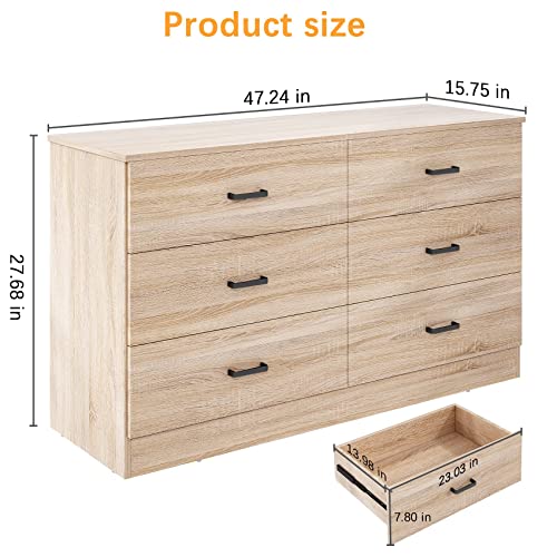 Bigbiglife Wood Dresser for Bedroom, 6 Drawer Double Dresser with Metal Handles, Sturdy and Modern Chest of Drawers (Light Oak)