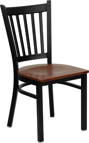 Flash Furniture 4 Pack HERCULES Series Black Vertical Back Metal Restaurant Chair - Cherry Wood Seat