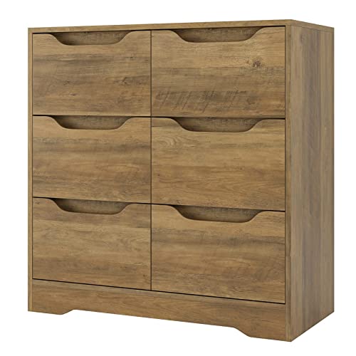 URKNO Modern 6 Drawer Dresser, Double Chest of Drawers with Storage, 3+3 Clothing Organizer with Cut-Out Handle, Dresser Chest, Wood Storage Cabinet for Living Room, Bedroom, Hallway, Rustic Brown