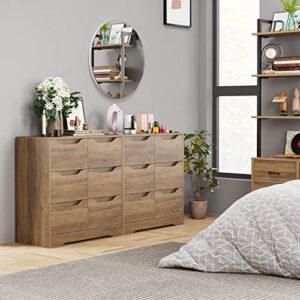 URKNO Modern 6 Drawer Dresser, Double Chest of Drawers with Storage, 3+3 Clothing Organizer with Cut-Out Handle, Dresser Chest, Wood Storage Cabinet for Living Room, Bedroom, Hallway, Rustic Brown