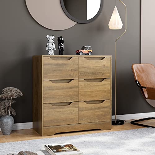 URKNO Modern 6 Drawer Dresser, Double Chest of Drawers with Storage, 3+3 Clothing Organizer with Cut-Out Handle, Dresser Chest, Wood Storage Cabinet for Living Room, Bedroom, Hallway, Rustic Brown