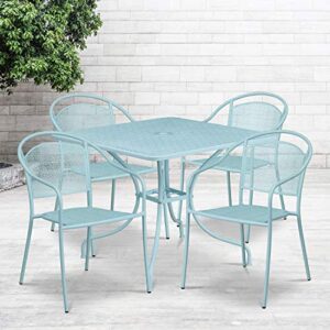 flash furniture commercial grade 35.5″ square sky blue indoor-outdoor steel patio table set with 4 round back chairs