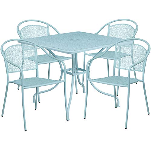 Flash Furniture Commercial Grade 35.5" Square Sky Blue Indoor-Outdoor Steel Patio Table Set with 4 Round Back Chairs