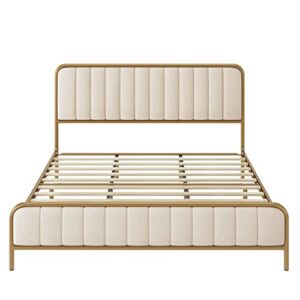 HITHOS King Size Bed Frame, Upholstered Bed Frame with Button Tufted Headboard, Heavy Duty Metal Mattress Foundation with Wooden Slats, Easy Assembly, No Box Spring Needed (Golden/Off White, King)