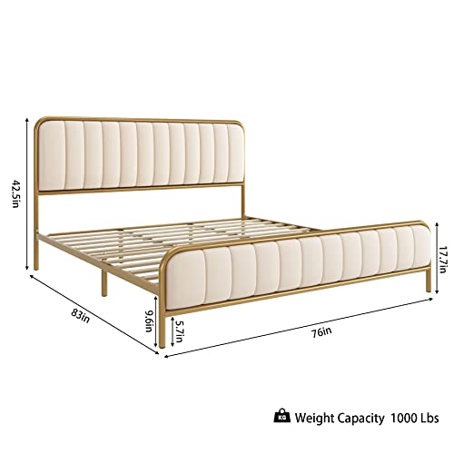 HITHOS King Size Bed Frame, Upholstered Bed Frame with Button Tufted Headboard, Heavy Duty Metal Mattress Foundation with Wooden Slats, Easy Assembly, No Box Spring Needed (Golden/Off White, King)